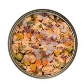 Open can of Kakato Chicken Salmon Vegetables wet pet food showing mixed chunks of chicken, salmon, and vegetables